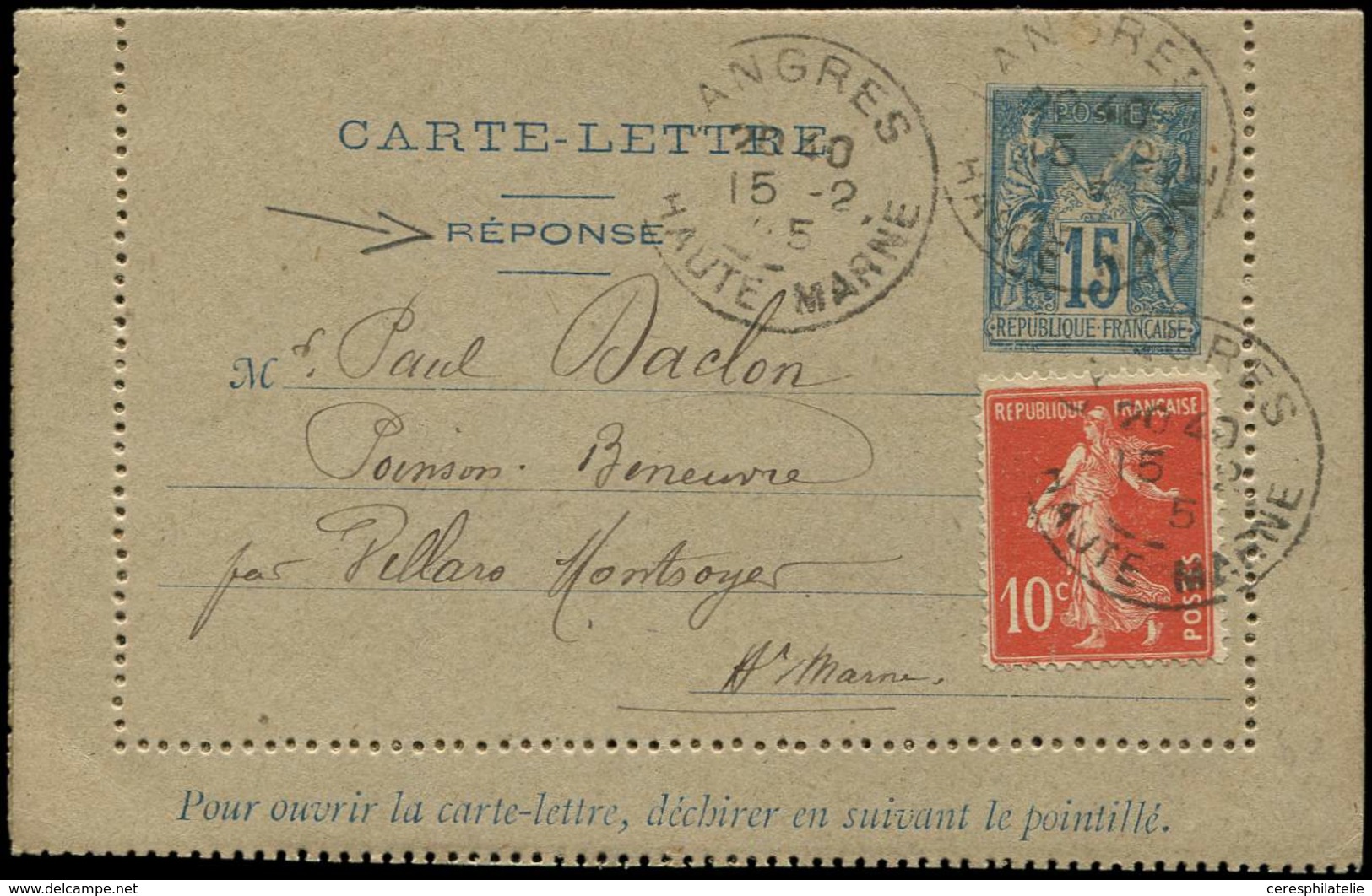 Let LETTRES DU XXe SIECLE N°138 Obl. Càd LANGRES 15/2/-5 S. CL Sage 15c. Bleu, TB - Briefe U. Dokumente