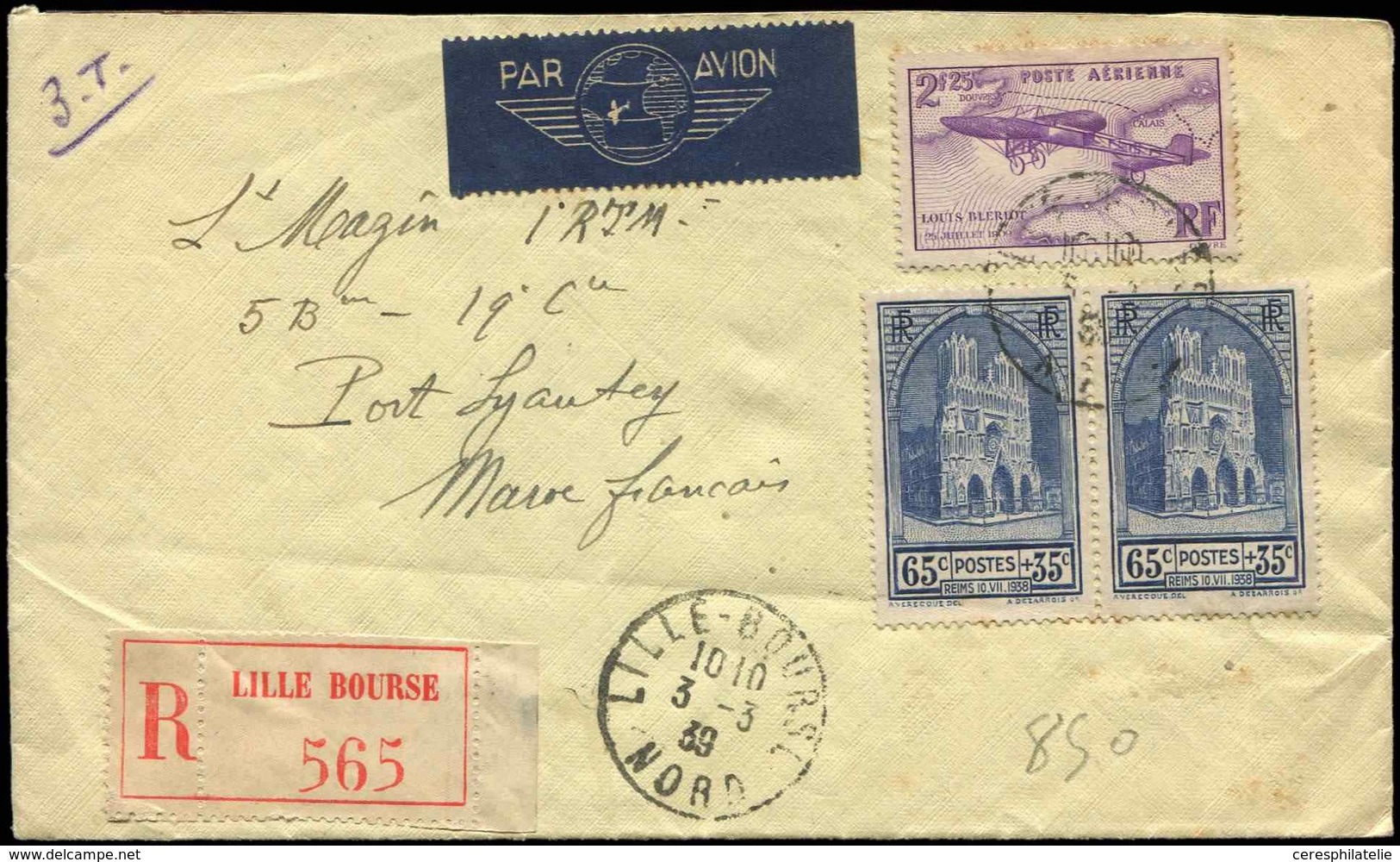 Let LETTRES DU XXe SIECLE N°399 Paire + PA 7 Obl. LILLE BOURSE 3/3/39 S. Env. Rec. Par Avion, TB - Briefe U. Dokumente