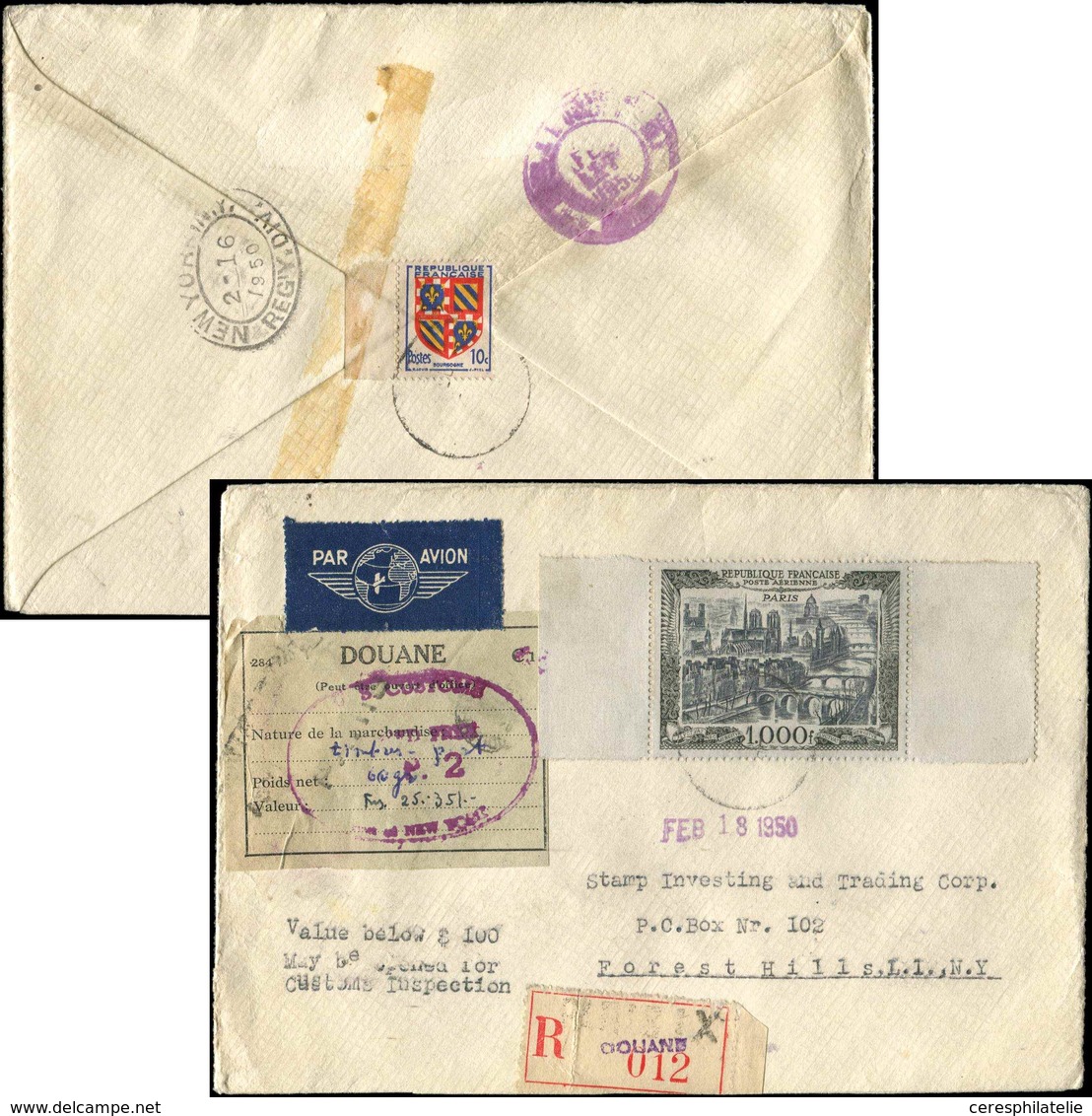 Let LETTRES DU XXe SIECLE PA 29  1000f. Paris, Bdf + Poste N°834 (au Verso) Obl. S. Env. Rec. Par Avion, Arr. NEW-YORK L - Briefe U. Dokumente