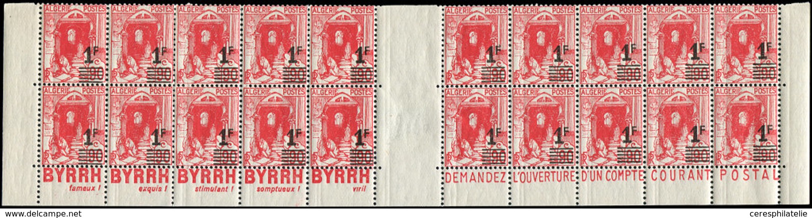 ** ALGERIE 158A : 1f. S. 90c. Rouge, BLOC De 20 De Carnet Avec Pubs Inférieures BYRRH/COMPTE POSTAL, TB - Sonstige & Ohne Zuordnung