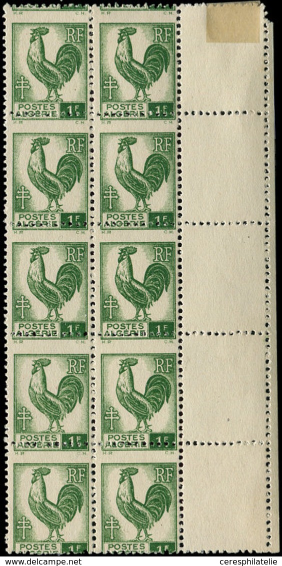 ** ALGERIE 219 : Coq, 1f. Vert, BLOC De 10 Bdf, PIQUAGE à CHEVAL, TB - Sonstige & Ohne Zuordnung