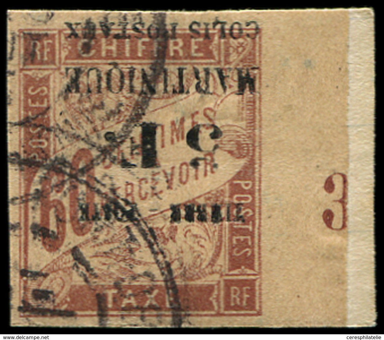 MARTINIQUE 60a : 5f. Sur 60c. Brun, Surch. RENVERSEE, Bdf Mill. 3, Obl. Càd S. Fragt, TB, Certif. Scheller - Sonstige & Ohne Zuordnung