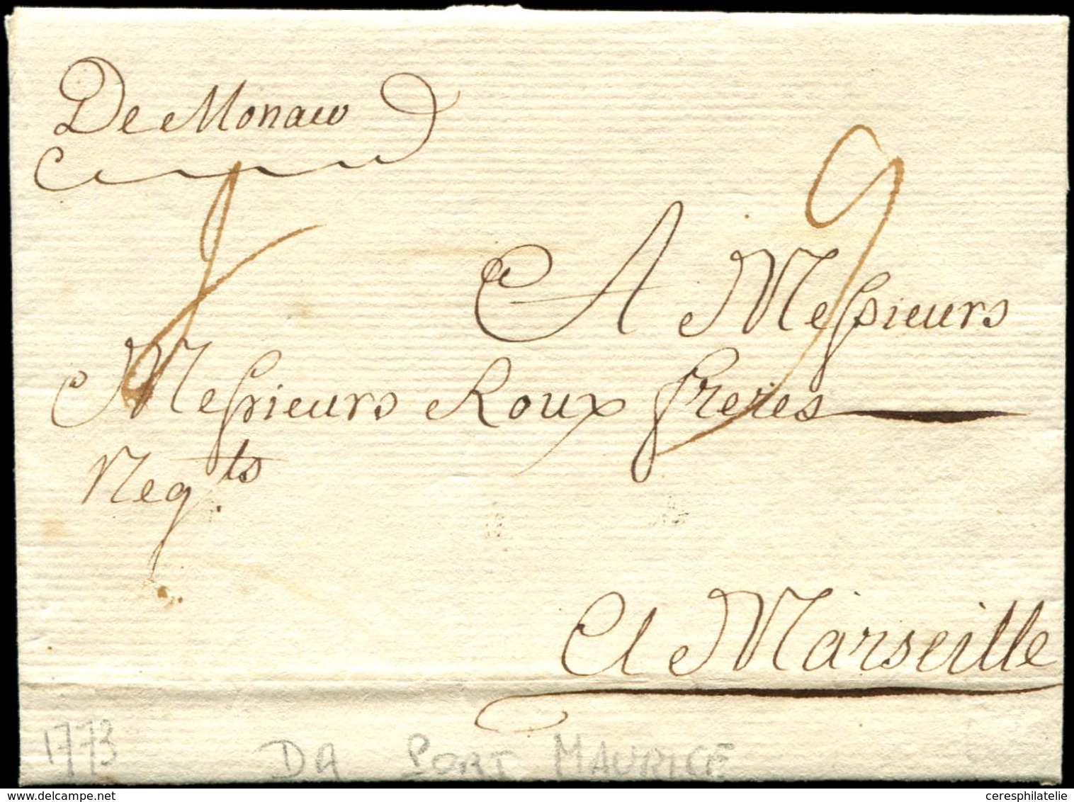 Let MONACO MP "De Monaco" Manuscrit Sur LAC De Port Maurice 16/6/1773, TB, Cote Cérès - Gebraucht