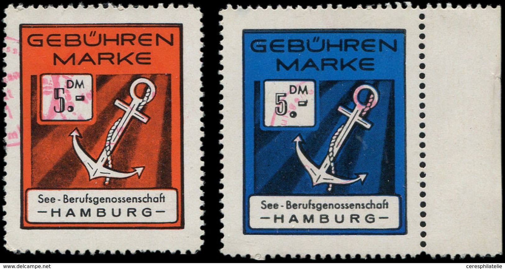 RFA Timbres Fiscaux Postaux : 2 TP Grand Format, 5dm. Orange Et Noir Et 5dm. Bleu Et Noir "GEBUHREN MARKE"/Hambourg, TB - Sonstige & Ohne Zuordnung