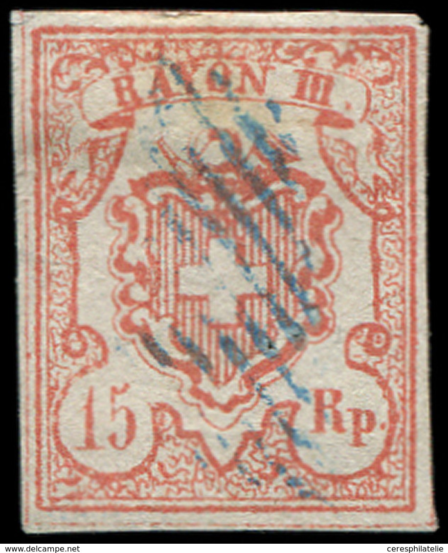 SUISSE 23 : 15Rp. Rouge, T II, Obl. GRILLE Bleue, TB - Used Stamps