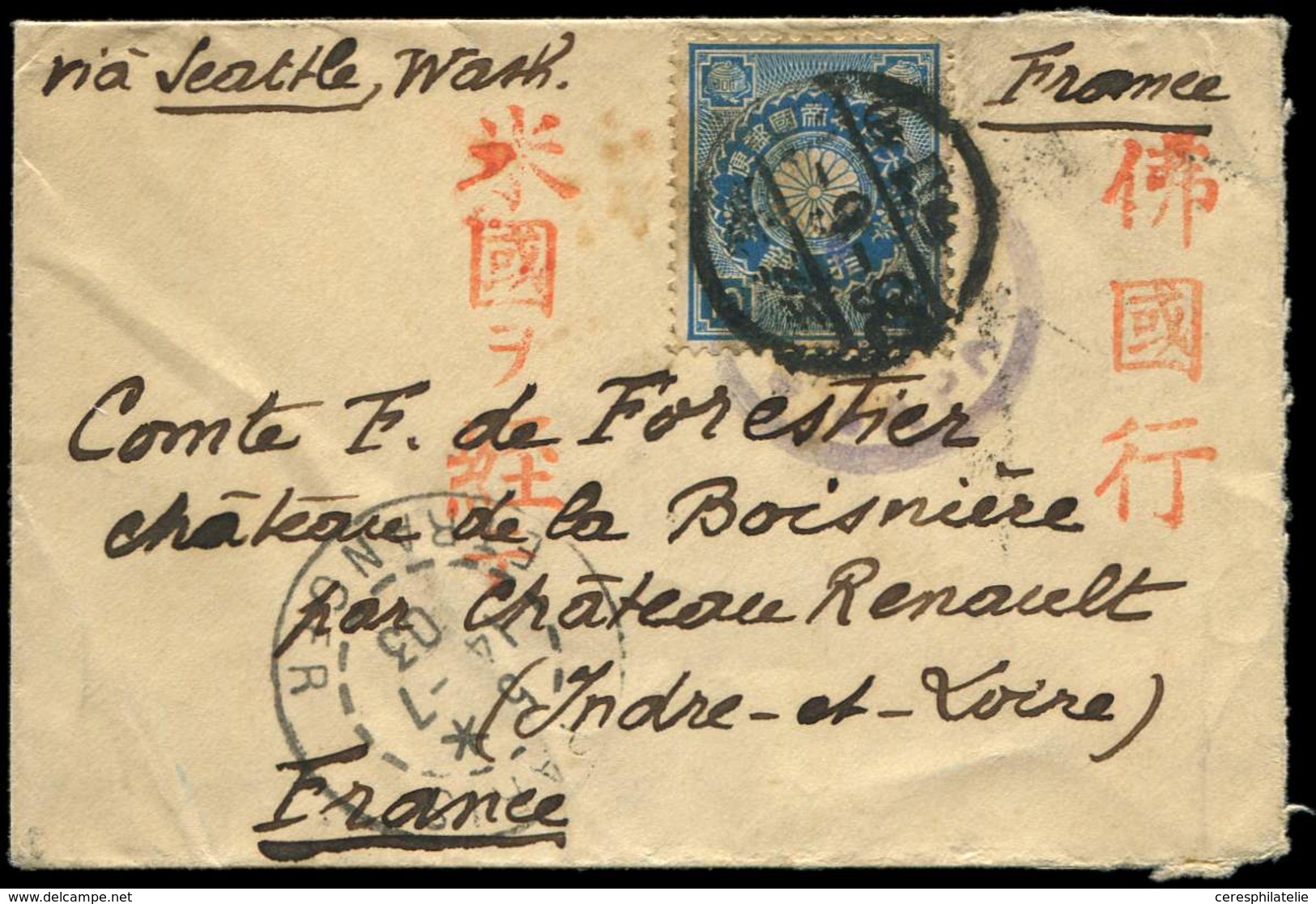 Let JAPON 102 : 10s. Bleu Obl. 6/1903 S. Env. Via Seattle Et Arr. Chateau Renault, TB - Sonstige & Ohne Zuordnung