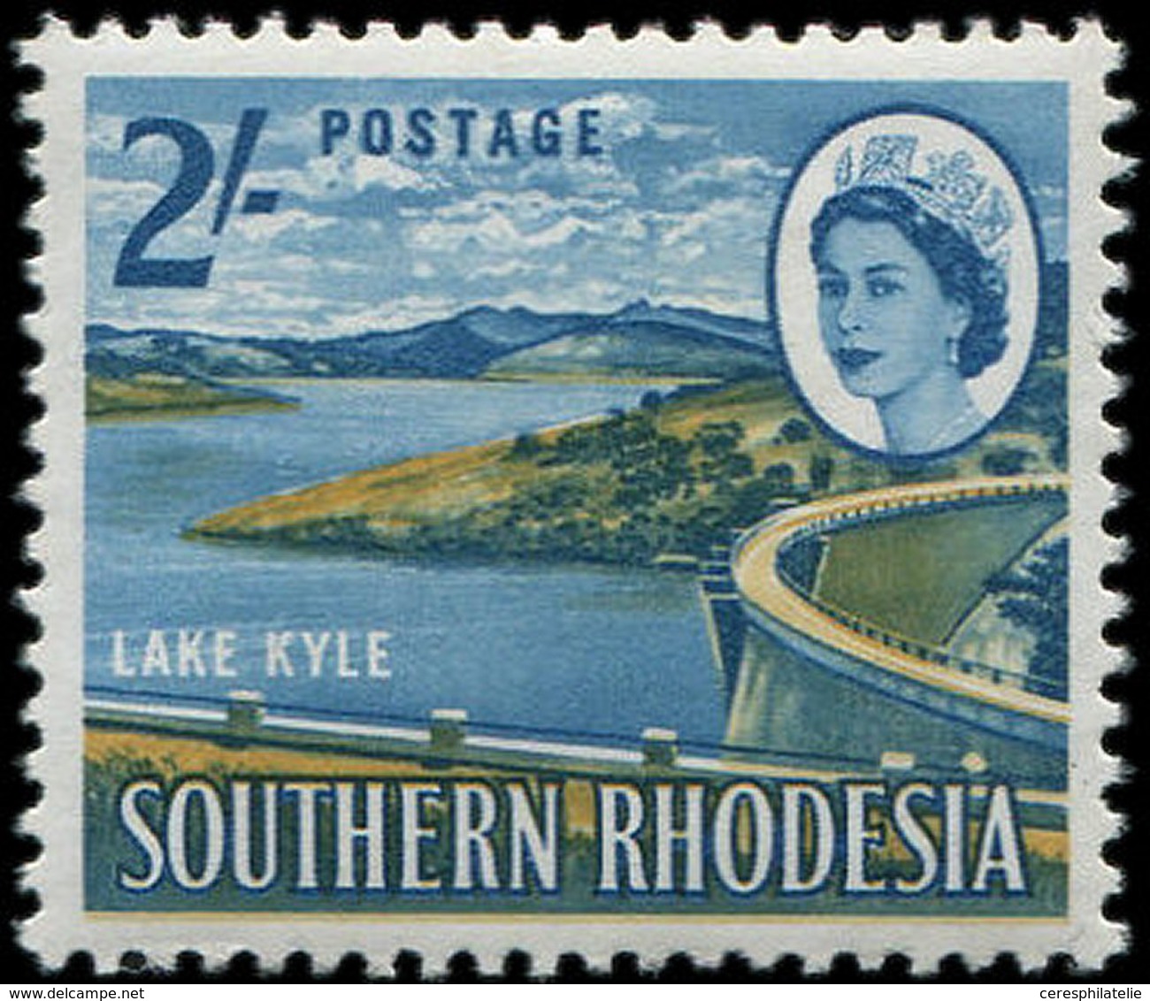 ** RHODESIE DU SUD 102 : 2s. Bleu Et Olive, Variété Point Blanc En I Et  Et A De Rhodasia, TB - Southern Rhodesia (...-1964)