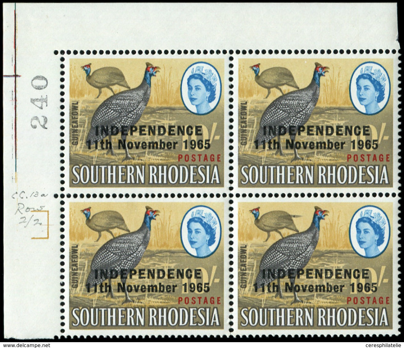 ** RHODESIE DU SUD 127 : 10s. Chamois, Bleu Et Rouge, Surch. INDEPENDENCE/11th Novembre 1965, BLOC De 4 Cdf Numéroté, Un - Southern Rhodesia (...-1964)
