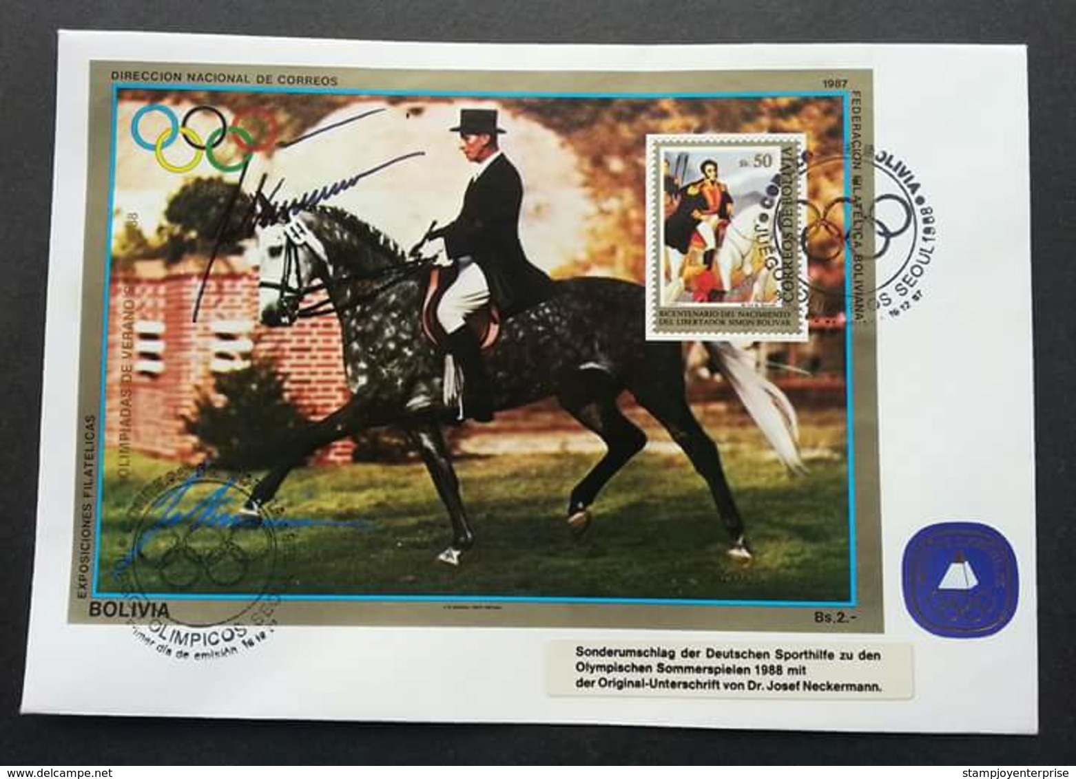 Bolivia Summer Olympics 1988 Seoul Josef Neckermann Dressur 1987 Horse Riding Sport Games (miniature FDC) - Bolivia