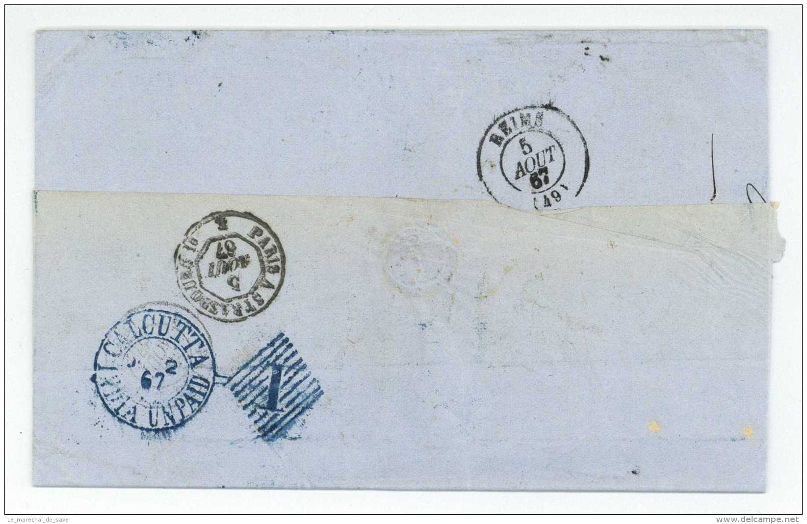 India Calcutta To Reims France Via Bombay Marseille 1867 Mumbai Arbuthnot Mumbai - ...-1852 Prephilately