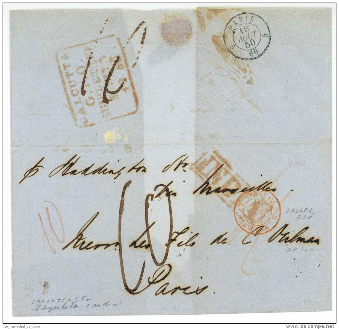 INDIA &ndash; 1850 -  CALCUTTA G. P. O. SHIP LETTER To PARIS (France) Per "THE HADDINGTON", A STEAMER. Postmarks Of Calc - ...-1852 Préphilatélie