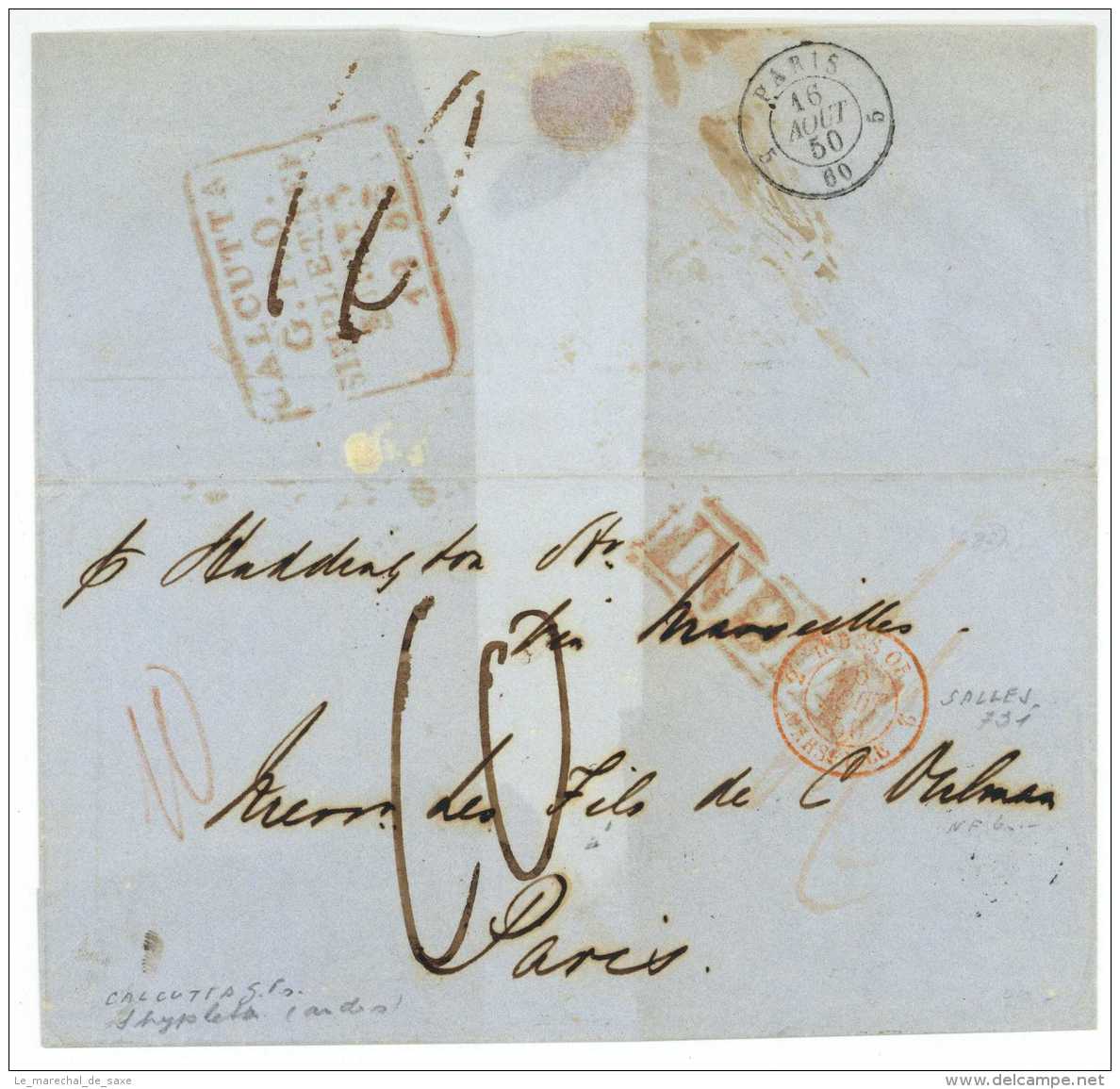 INDIA &ndash; 1850 -  CALCUTTA G. P. O. SHIP LETTER To PARIS (France) Per "THE HADDINGTON", A STEAMER. Postmarks Of Calc - ...-1852 Voorfilatelie