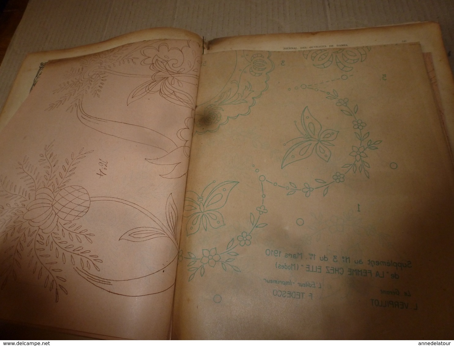 1910 JOURNAL des OUVRAGES de DAMES & dessins décalquables au fer chaud ;Le LIT(antiquité à nos jours); par Laure Tedesco