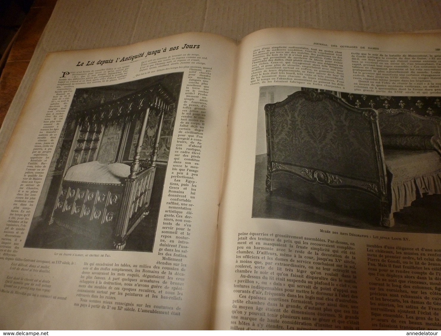 1910 JOURNAL des OUVRAGES de DAMES & dessins décalquables au fer chaud ;Le LIT(antiquité à nos jours); par Laure Tedesco