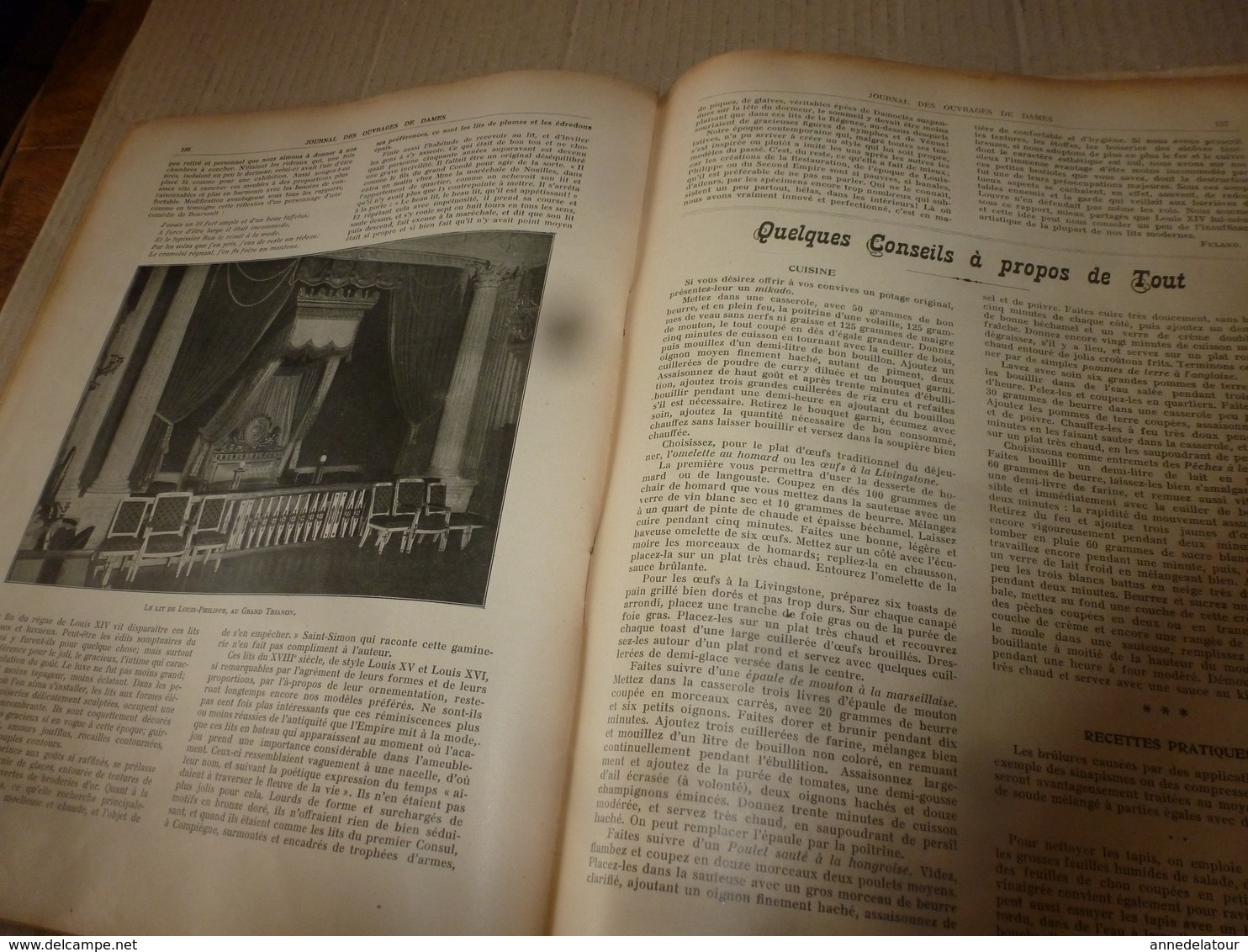 1910 JOURNAL des OUVRAGES de DAMES & dessins décalquables au fer chaud ;Le LIT(antiquité à nos jours); par Laure Tedesco