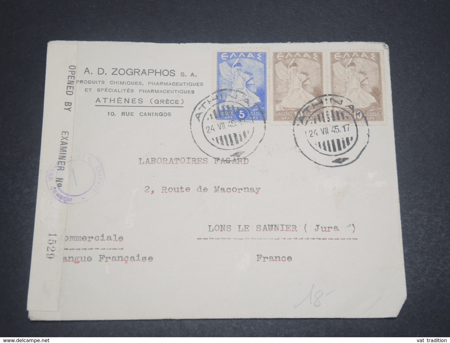 GRECE - Enveloppe Commerciale De Athènes Pour La France En 1945 Avec Contrôle Postal Affranchissement Plaisant - L 12149 - Covers & Documents