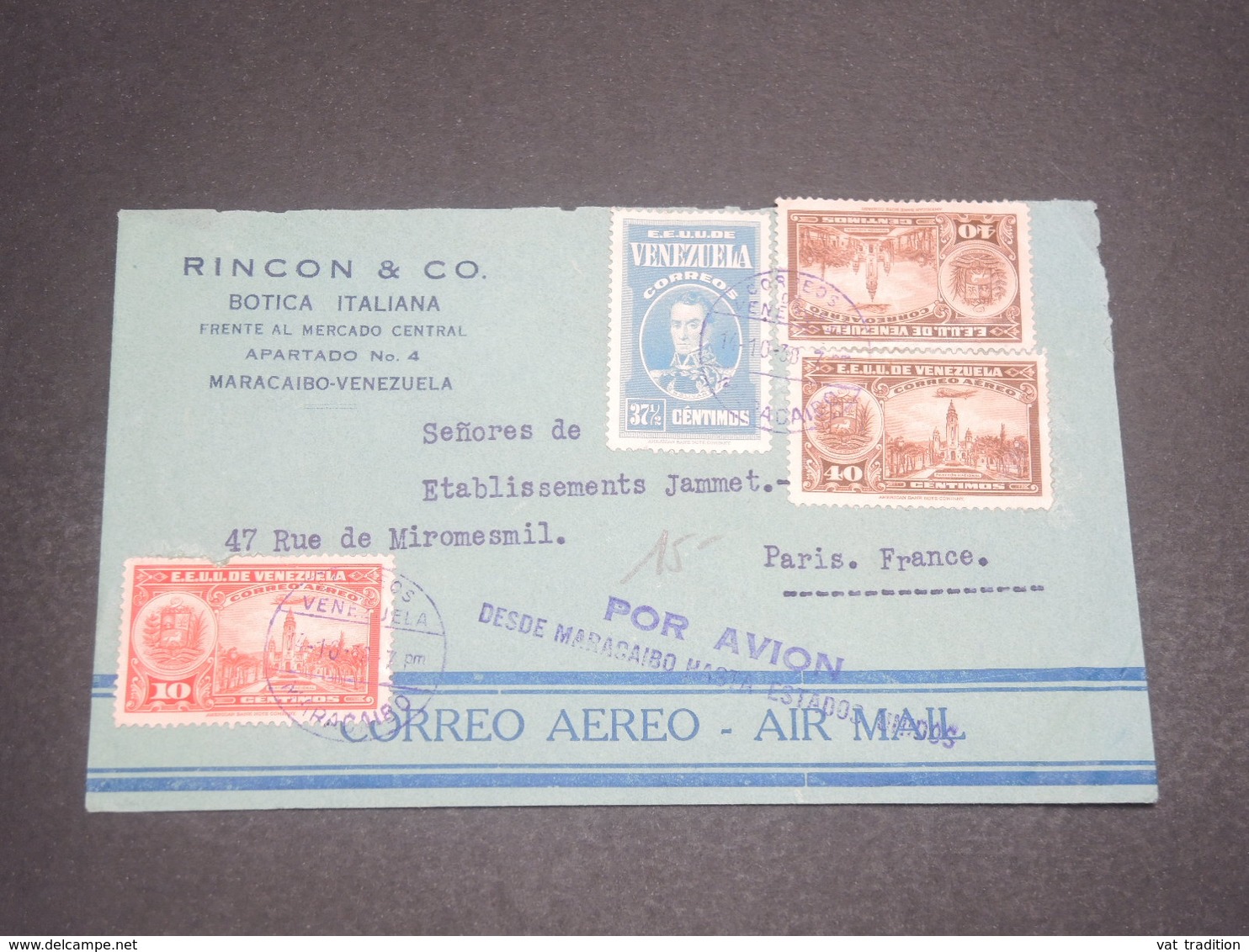VENEZUELA - Enveloppe Commerciale De Maracaibo Pour La France En 1930 Par Avion, Affranchissement Plaisant - L 12150 - Venezuela