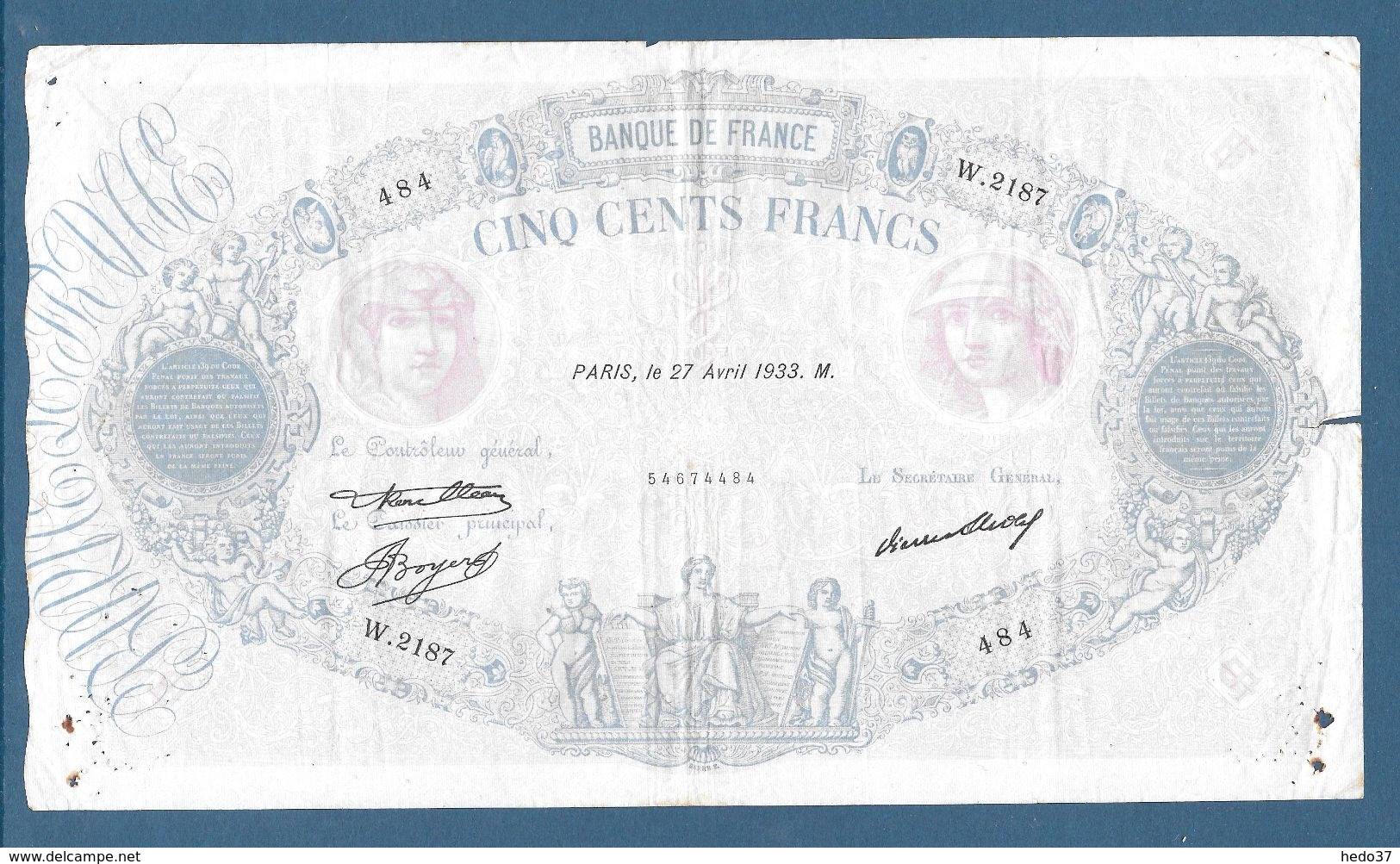 France 500 Francs Bleu Et Rose - 27-4-1933 - Fayette N°30-36 - TB - 500 F 1888-1940 ''Bleu Et Rose''