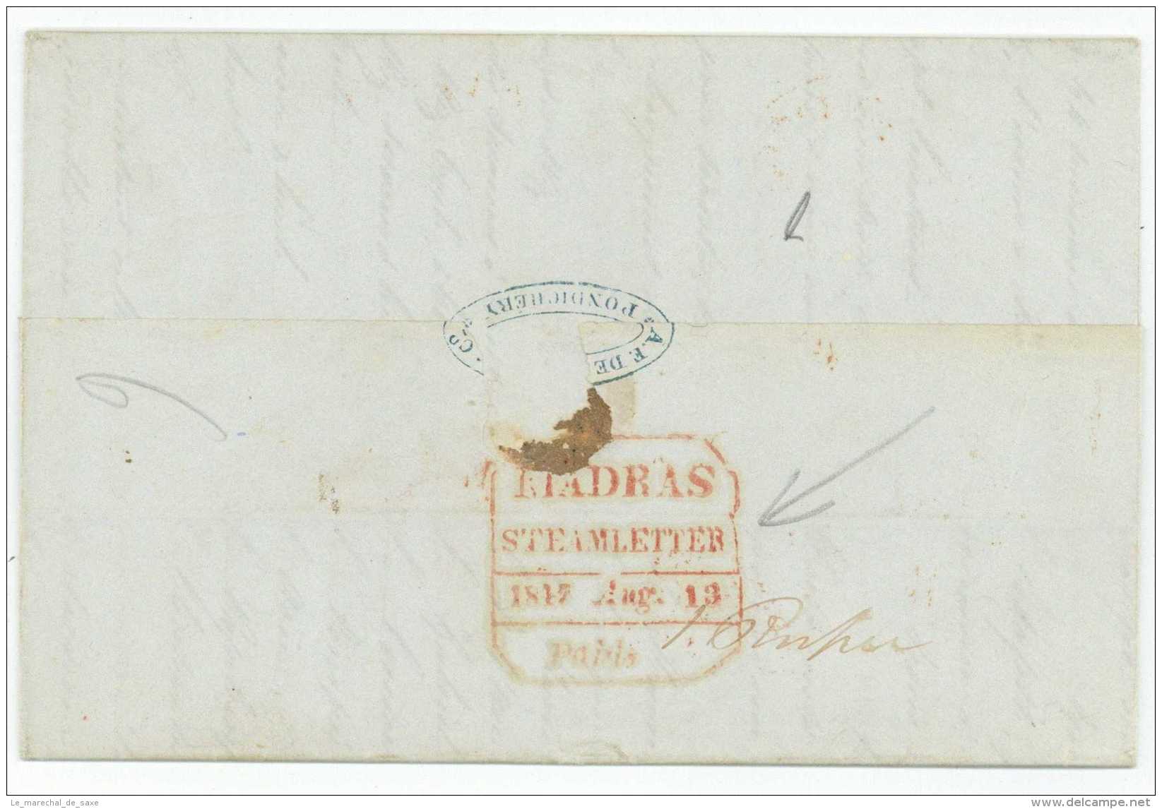 PONDICHERRY Puducherry India To Marseille France 1847 Madras Steamletter Chennai Precursor Steamer - ...-1852 Prephilately