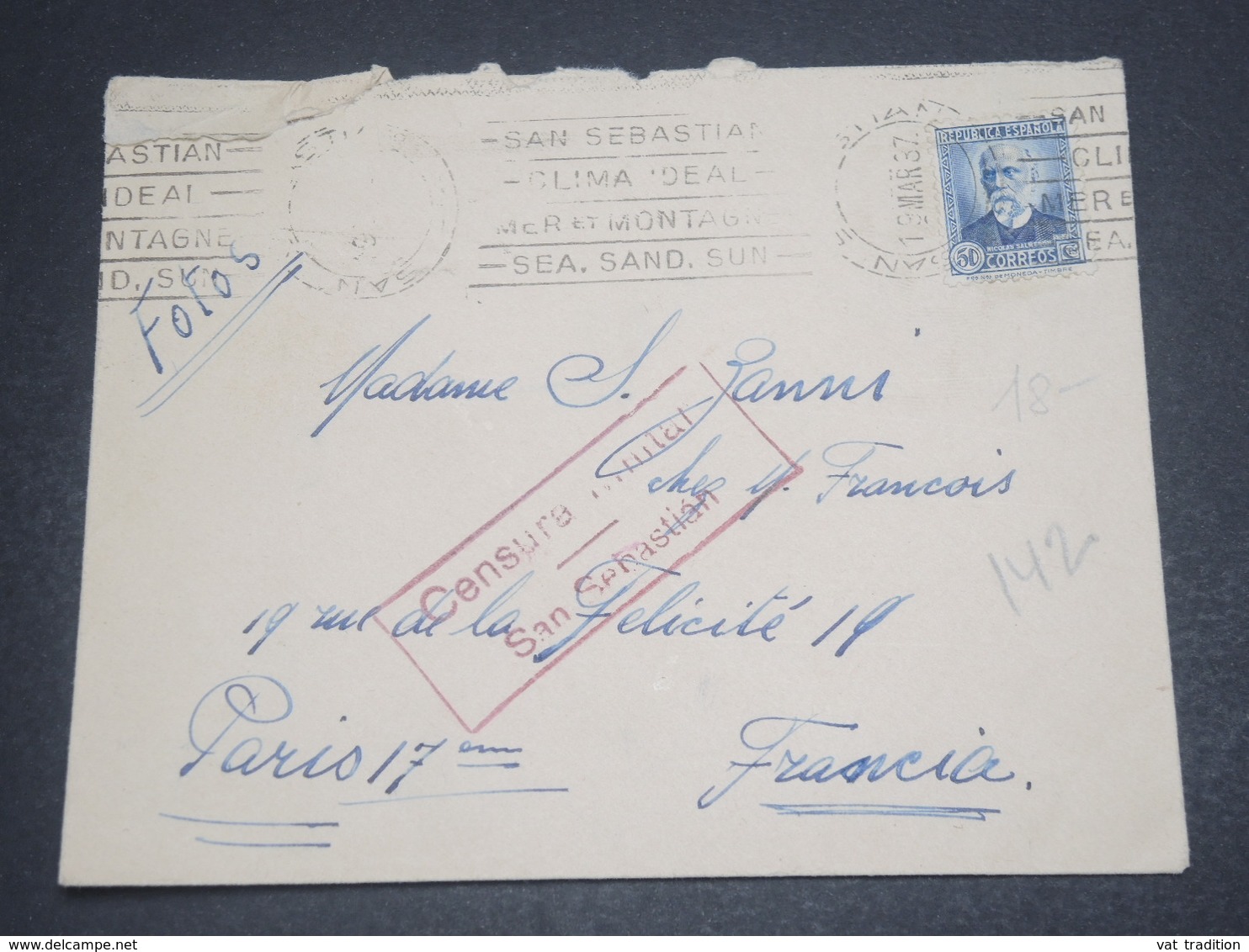 ESPAGNE - Enveloppe De San Sébastien Pour La France En 1937 Avec Cachet De Censure - L 12165 - Republicans Censor Marks