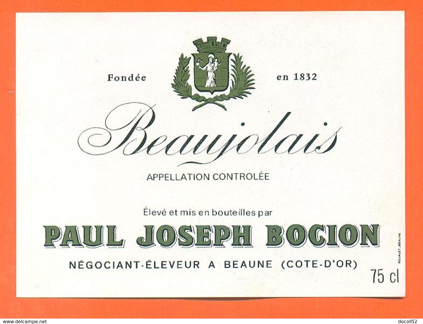 étiquette Vin De Beaujolais Paul Joseph Bogion à Beaune - 75 Cl - Beaujolais