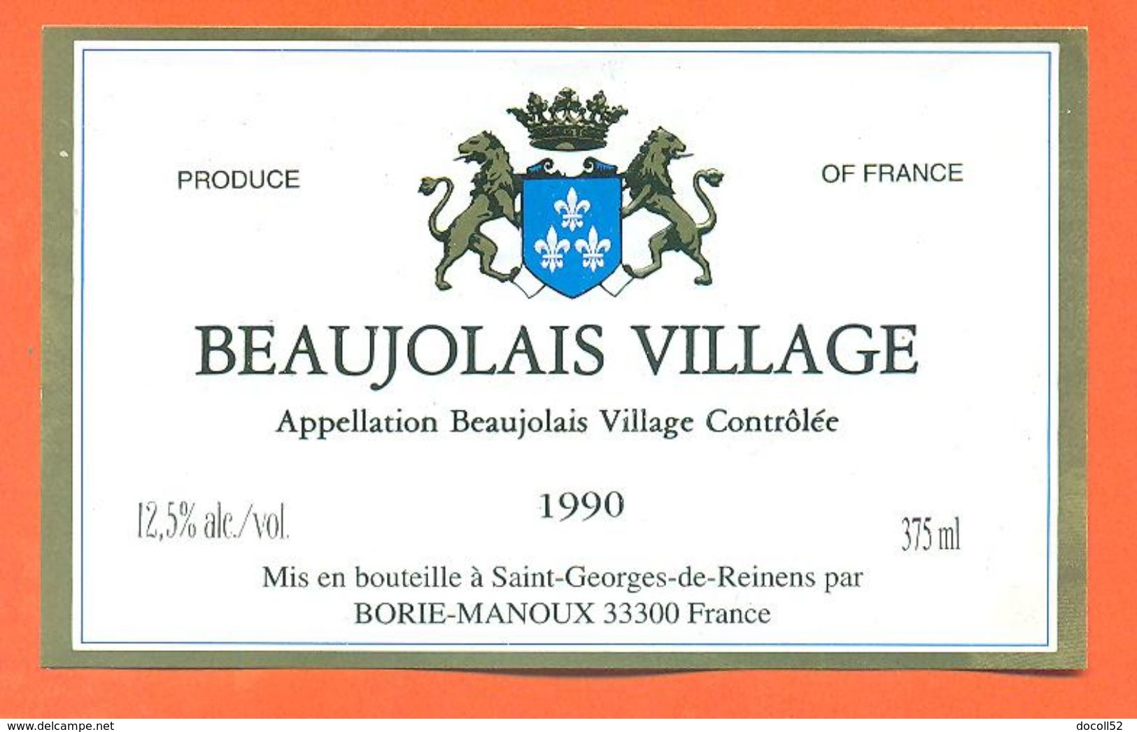 étiquette Vin De Beaujolais Villages 1990 Borie Manoux à 33300 - 37,5 Cl - Beaujolais