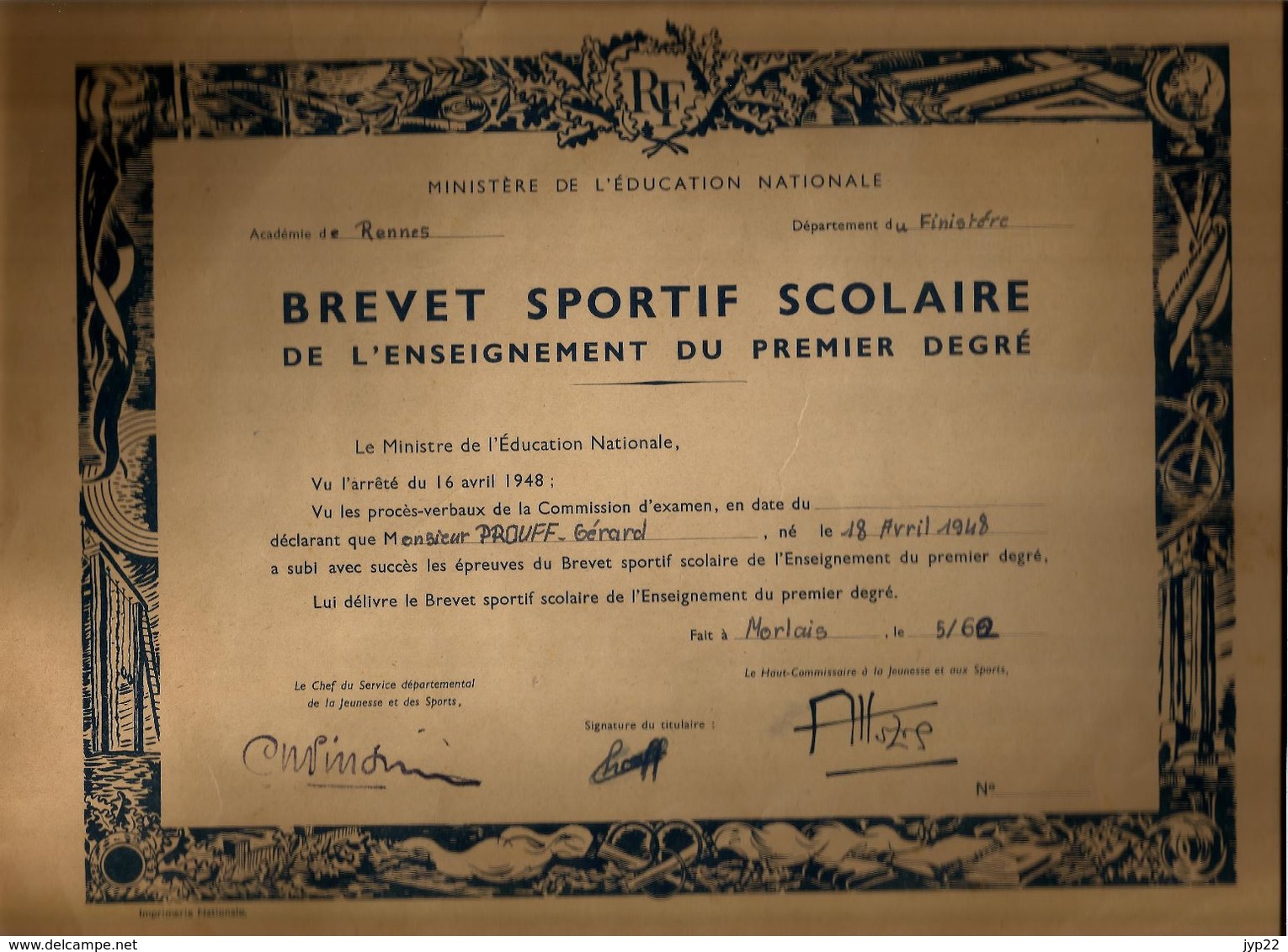 Diplôme Brevet Sportif Scolaire Mr Gérard Prouff Morlais (faute = Morlaix ) 1962 - Diplomi E Pagelle