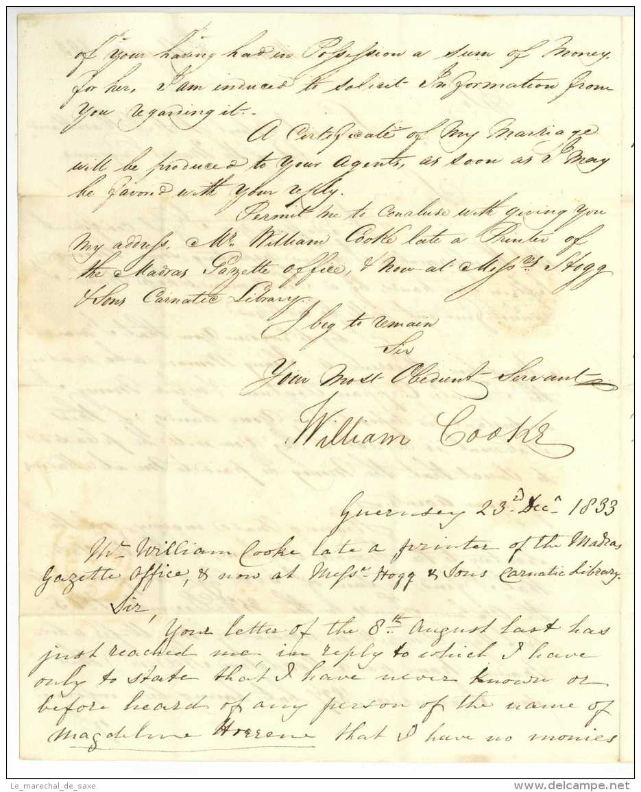 Cooke De Havilland 1833 Ship Letter To Guernsey Madras Chennai East India Company - ...-1852 Prefilatelia