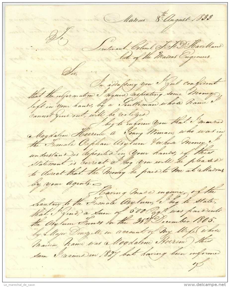 Cooke De Havilland 1833 Ship Letter To Guernsey Madras Chennai East India Company - ...-1852 Prephilately