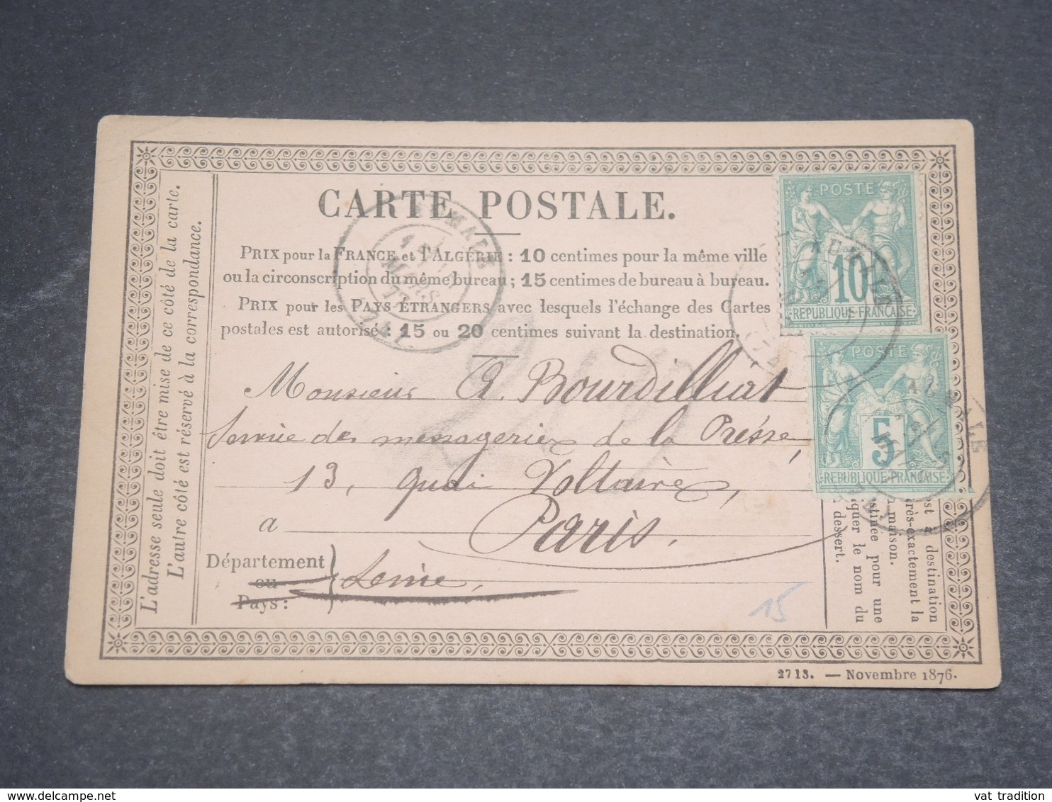 FRANCE - Carte Précurseur De Aumale Pour Paris En 1877 , Affranchissement Au Type Sage - L 12179 - Vorläufer