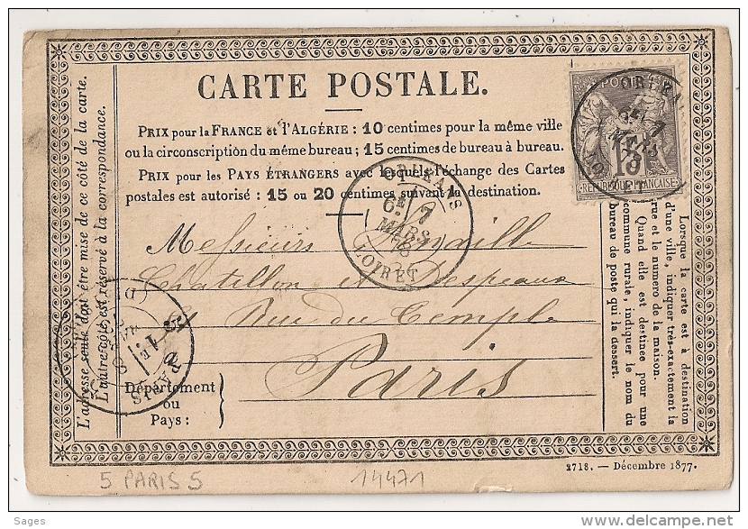 ORLEANS Loiret Sur Carte Précurseur Au Type SAGE. 5 PARIS 5 (DISTRIBon) En Arrivée. - 1877-1920: Semi Modern Period