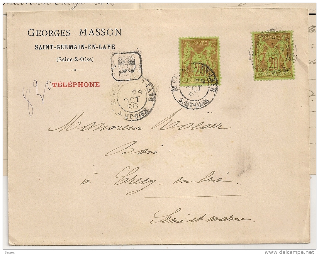 Centrages Parfaits, 20c SAGE X2, SAINT GERMAIN EN LAYE Seine Et Oise . Georges MASSON, Bois De Sciage Et De Charpente. - 1876-1898 Sage (Type II)