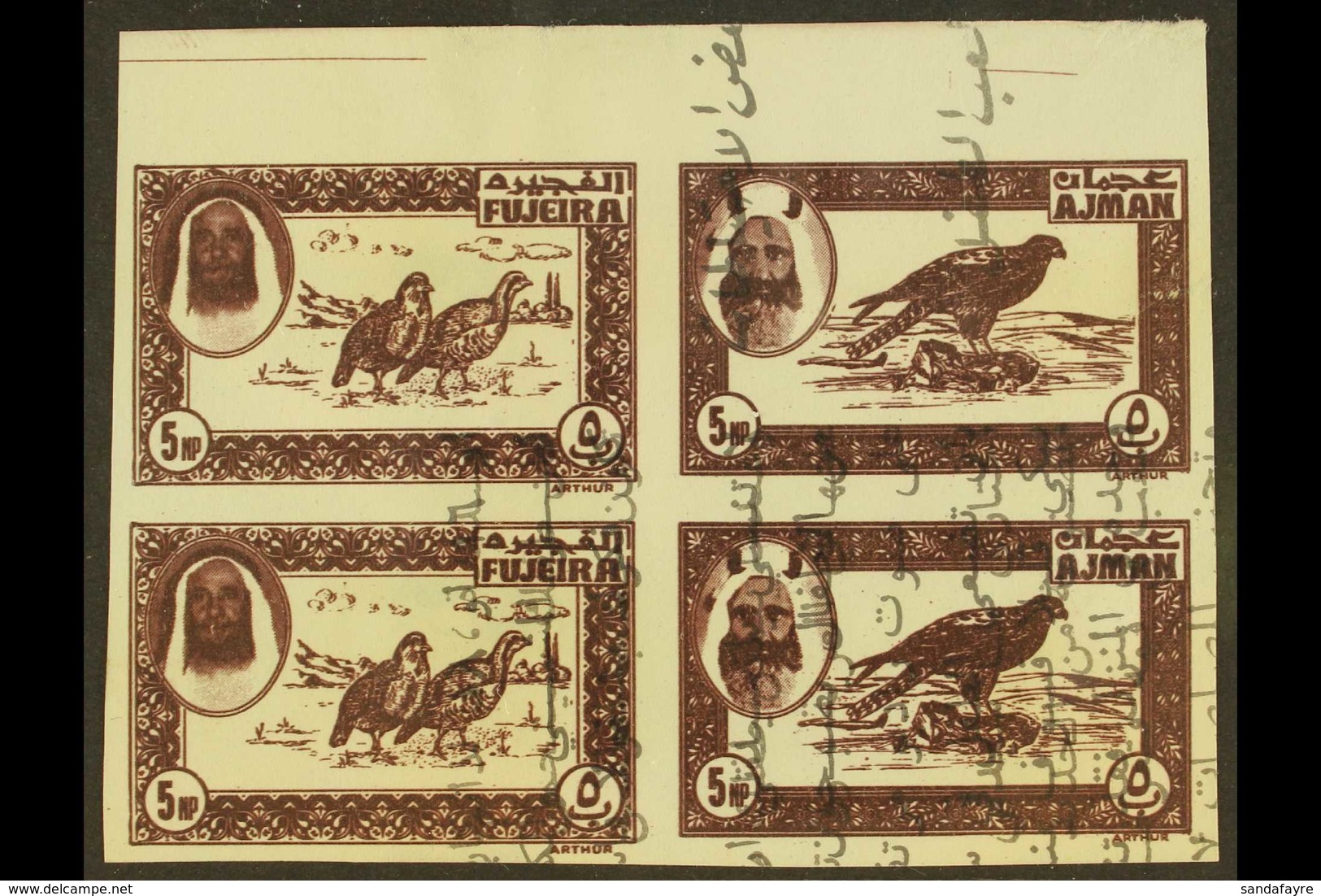 BIRDS 1972 5np PRINTER'S TRIAL Imperforate Block Of 4 In Purple-brown Featuring Game Birds & Raptors, Issue For Ajman /  - Sin Clasificación