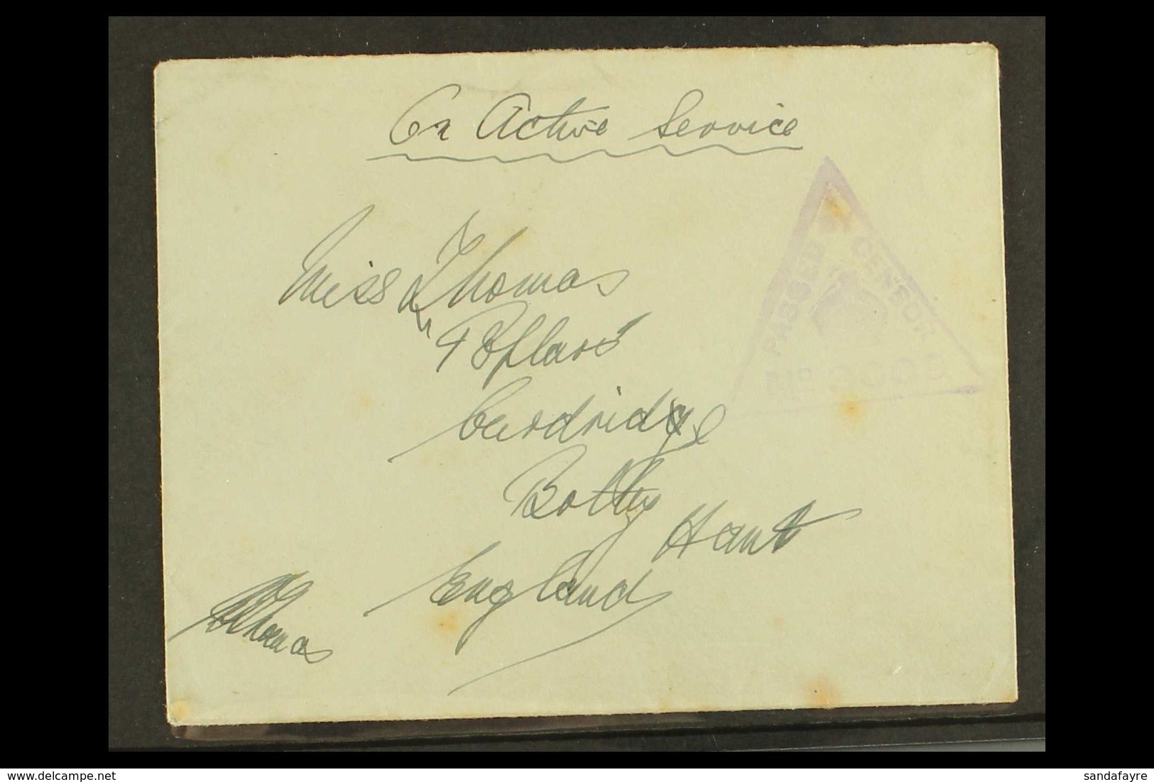 1918 (6 Jan) Stampless 'On Active Service' Cover Addressed To Hampshire, Showing Triangular Censor Cachet And "BASE OFFI - Aden (1854-1963)