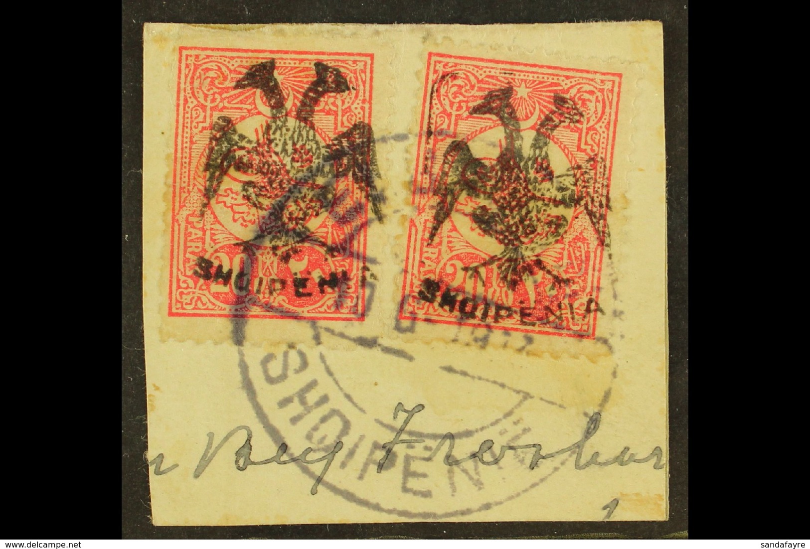 1913 20pa Rose-carmine Double Eagle Overprint Perf 12 (Michel 6x, SG 6), Two Examples Used On Piece Tied By Full "Elbasa - Albanie