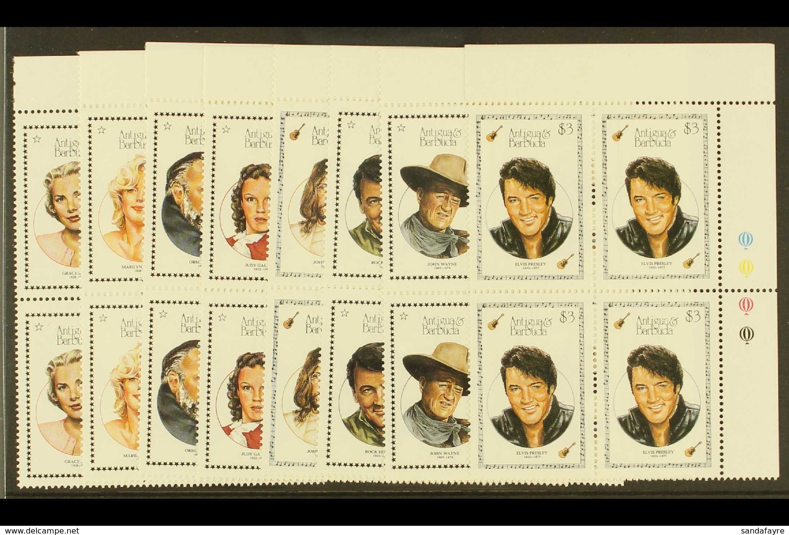 1987 ENTERTAINERS (Elvis Presley, John Wayne, Judy Garland Etc) Complete Set (SG 1120/27) In NEVER HINGED MINT BLOCKS OF - Sonstige & Ohne Zuordnung