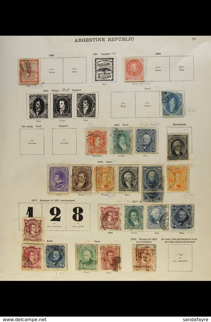 1858-1935 OLD MOSTLY USED COLLECTION On Pages, Chiefly All Different, Inc 1864-67 15c Rivadavia Wmk'd Perf (some Trimmed - Sonstige & Ohne Zuordnung