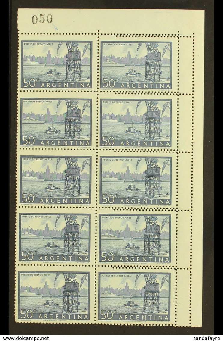 1954-59 50c Blue Buenos Aires Harbour Recess (Scott 632, SG 868), Fine Mint Corner BLOCK Of 10 (2x5)showing DOUBLE COMB  - Otros & Sin Clasificación