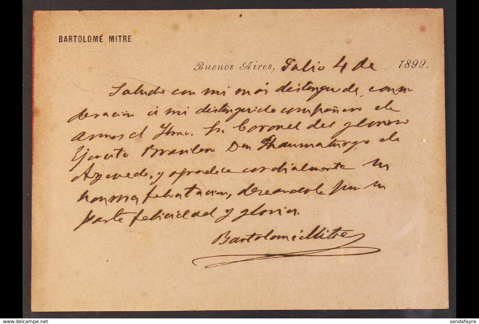 BARTOLOME MITRE SIGNATURE. 1899 Printed Personal Card With Long Manuscript Message, Signed BARTOLOME MITRE, President Of - Other & Unclassified