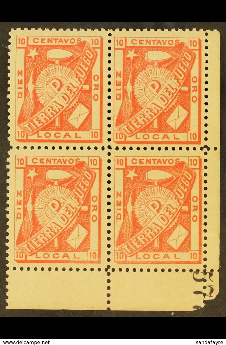 TIERRA DEL FUEGO 1891 10c Red Local Stamp, Fine Mint (three Stamps Are NHM) Lower Right Corner BLOCK Of 4 With Sheet Num - Sonstige & Ohne Zuordnung