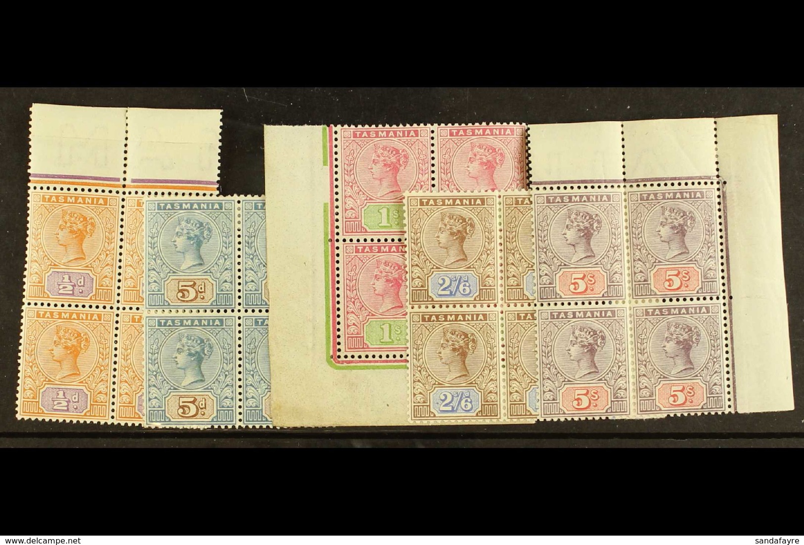 TASMANIA 1892 ½d, 5d, 1s, 2s 6d An 5s, SG 216, 218, 221/223, In Superb Mint Blocks Of 4. (5 Blocks) For More Images, Ple - Sonstige & Ohne Zuordnung