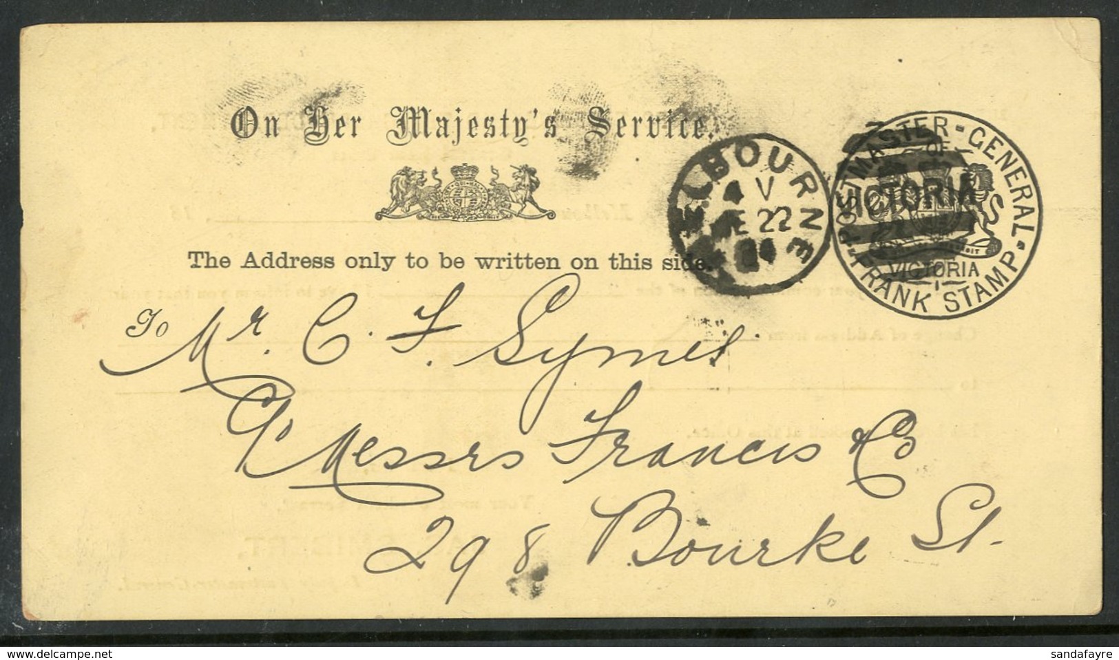 VICTORIA 1894 OHMS Printed Reply Postcard From Post Office & Telegraph Department Showing A Fine FRANK STAMP In Black Wi - Sonstige & Ohne Zuordnung