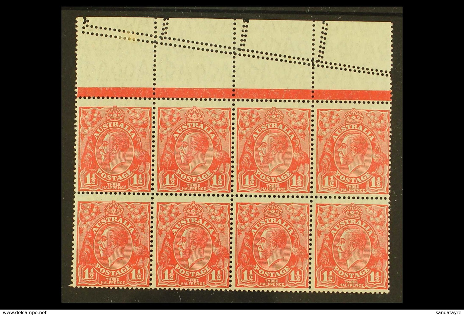 1926-30 1½d Scarlet Perf 14, SG 86,  Upper Marginal Block Of Eight Showing In The Margin Two Further Rows Of Perf Diagon - Autres & Non Classés