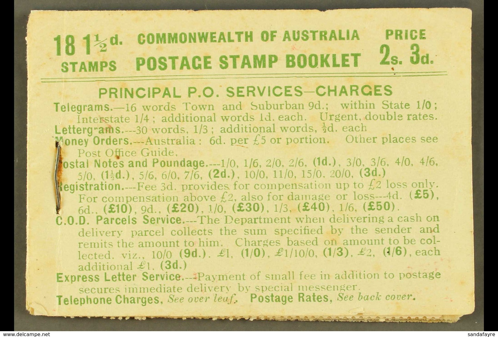 1927 PART BOOKLET 2s3d Green On Pale Green Booklet, SG SB20, If Complete, Should Contain 18 X 1½d Stamps (SG 96), Actual - Autres & Non Classés