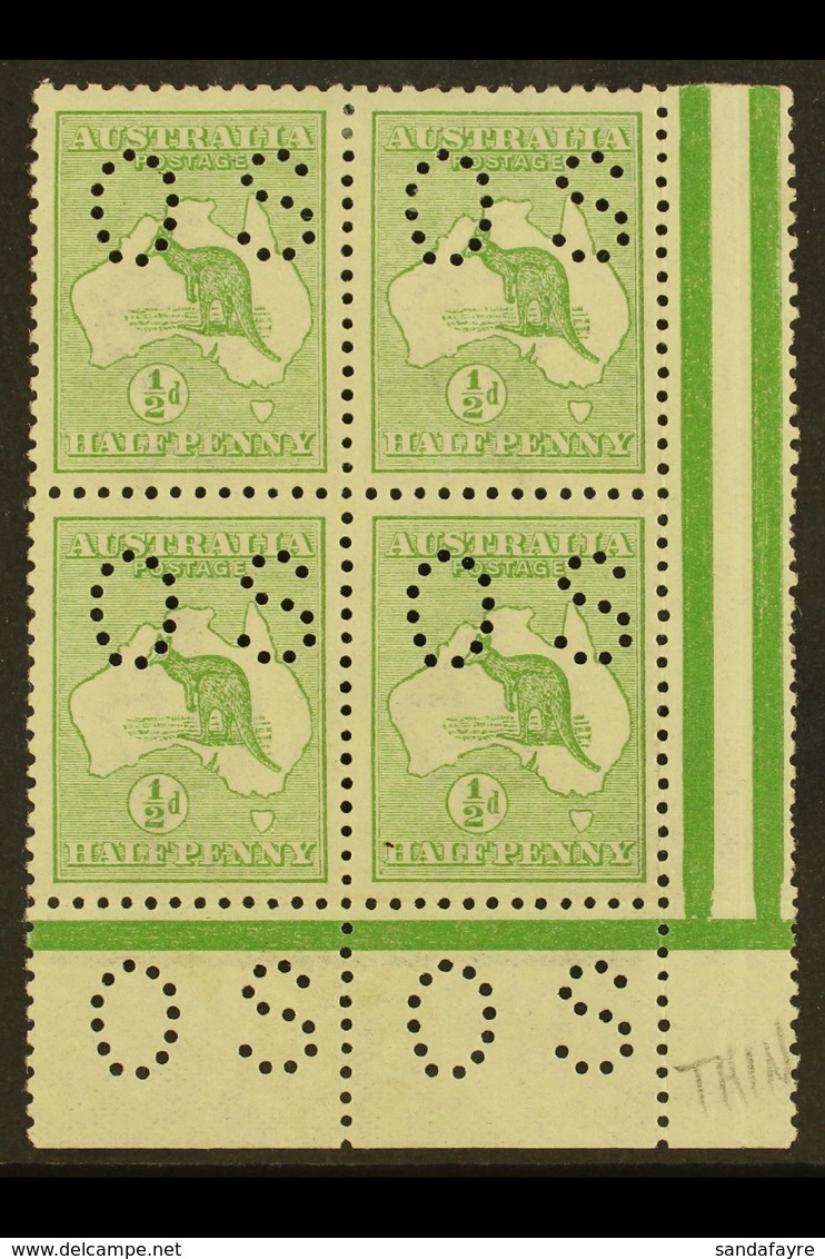 OFFICIALS 1913 ½d Pale Green, Punctured "O S" (smaller Letters, SG Type O2), Corner Marginal Block Of 4, SG O16, Very Fi - Sonstige & Ohne Zuordnung