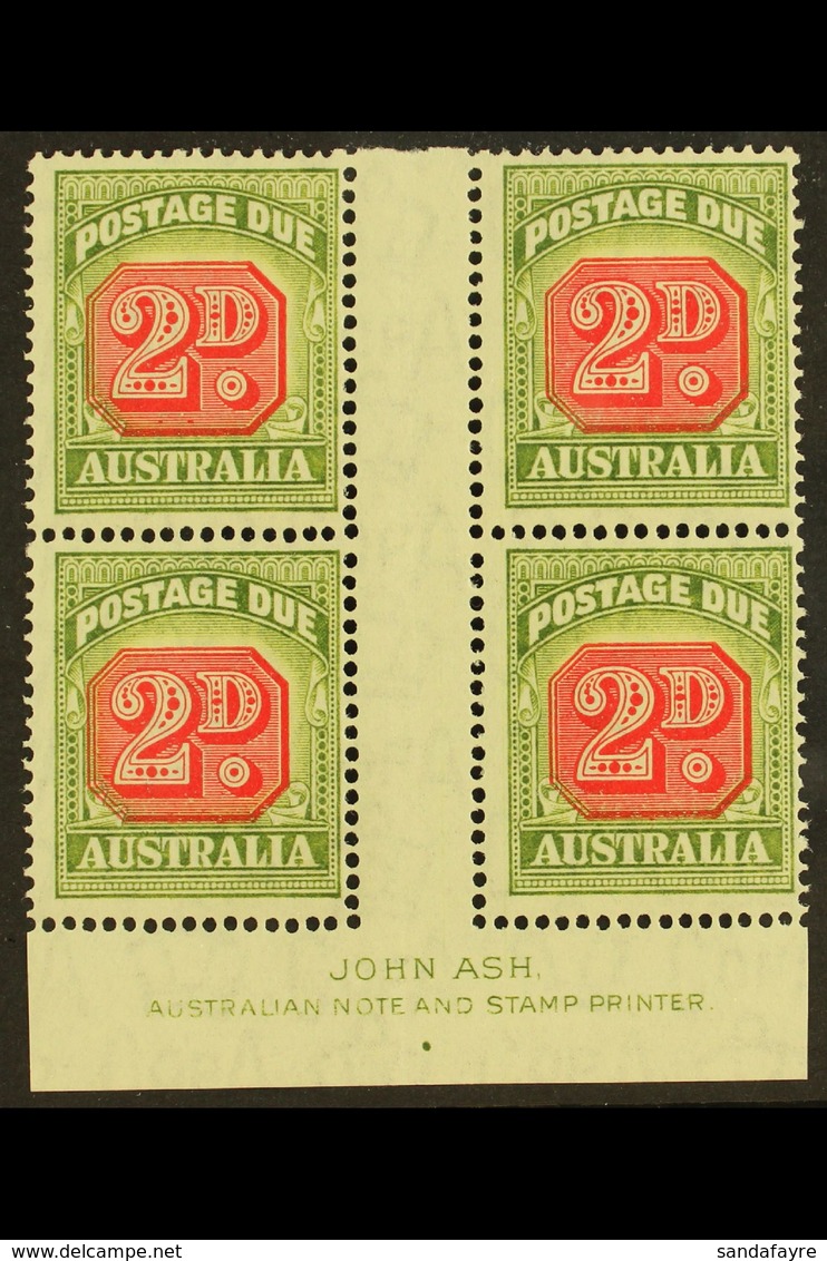 POSTAGE DUE 1946-57 2d Carmine And Green, SG D121, JOHN ASH Imprint Block Of Four, Superb Mint. (4 Stamps) For More Imag - Sonstige & Ohne Zuordnung