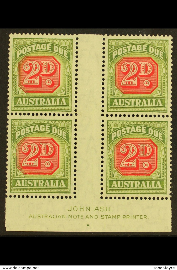 POSTAGE DUE 1946-57 2d Carmine And Green, SG D121, JOHN ASH Imprint Block Of Four, Very Fine Mint. (4 Stamps) For More I - Autres & Non Classés