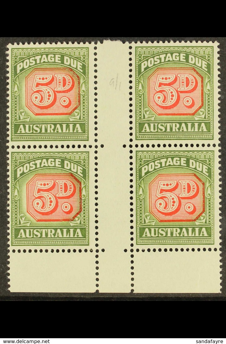 POSTAGE DUES 1958 5d Carmine An Deep Green, SG D136, Superb NHM Interpannau Block Of 4 Without Imprint. For More Images, - Sonstige & Ohne Zuordnung