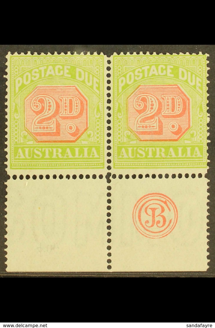 POSTAGE DUES 1913 2d Scarlet And Pale Yellow Green, SG D81,  Bottom Margin Pair R/h Stamp Showing JBC Monogram, Few Wrin - Other & Unclassified