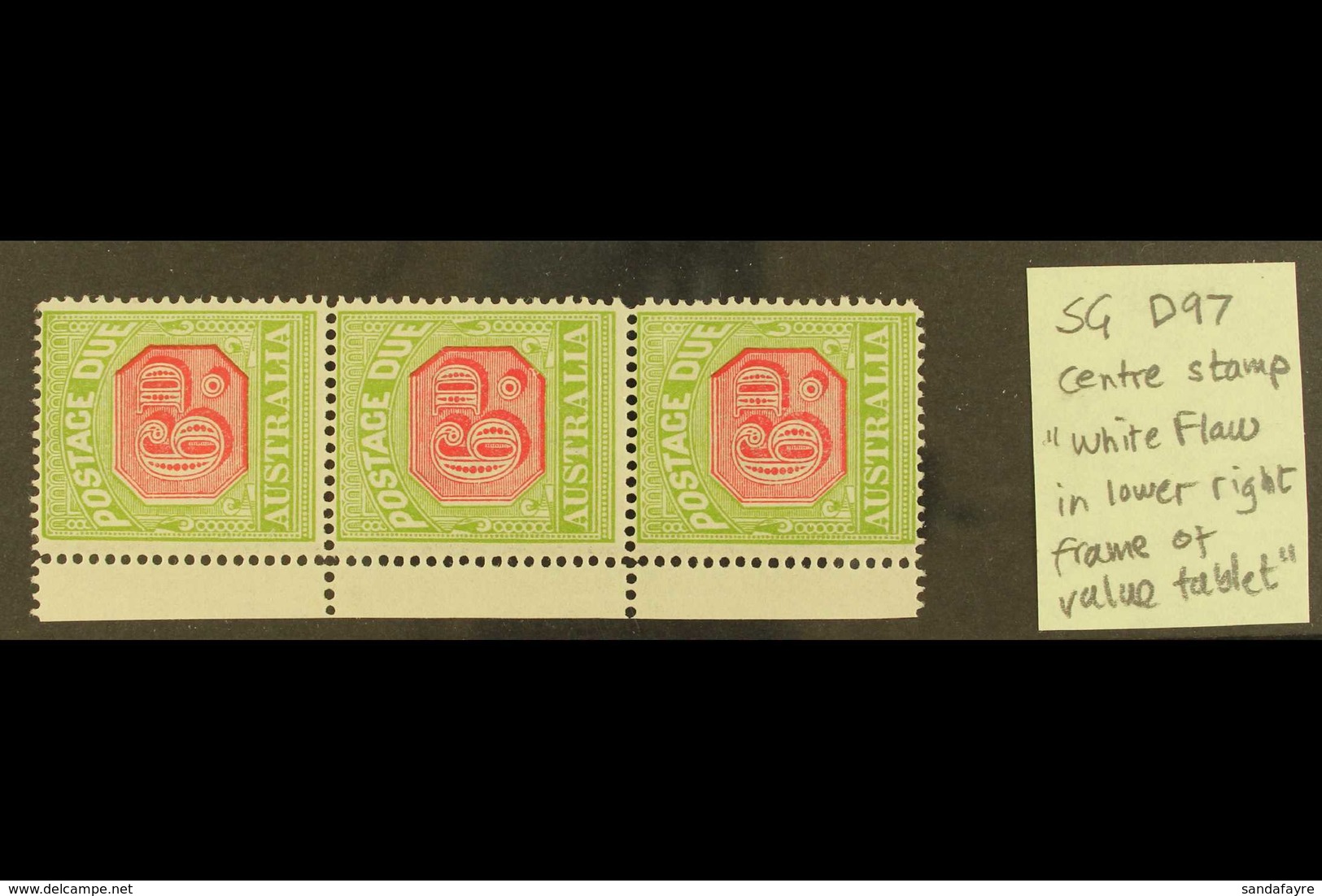 POSTAGE DUES 1922-30 6d Carmine And Yellow-green, SG D97, A Very Fine Left Marginal VERTICAL STRIP OF THREE, The Middle  - Sonstige & Ohne Zuordnung